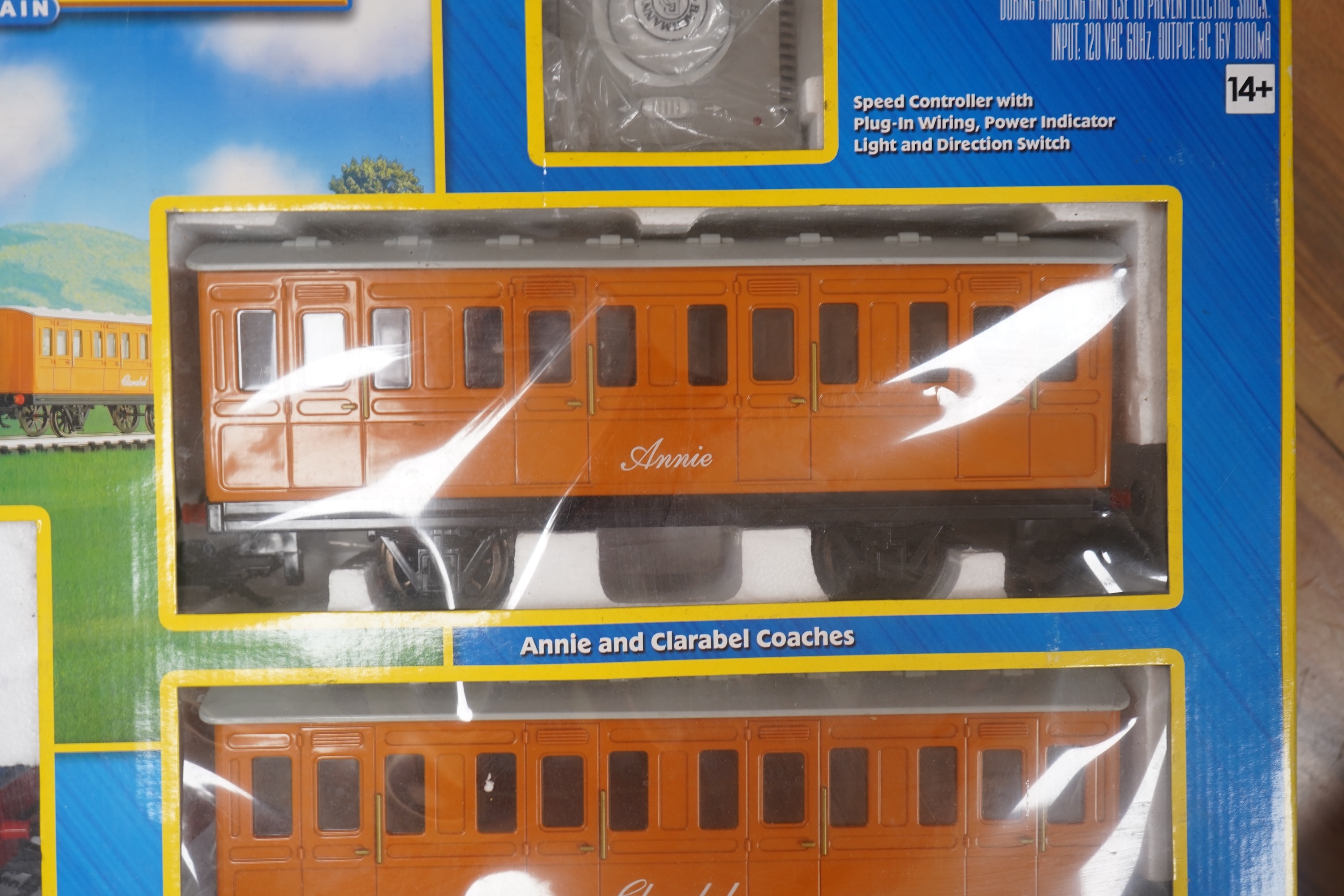 A boxed Bachmann G scale (45mm gauge) Thomas the Tank Engine train set (90068), comprising Thomas with the coaches Annie and Clarabel, track sections and controller. Condition - good, minor damage to the box.